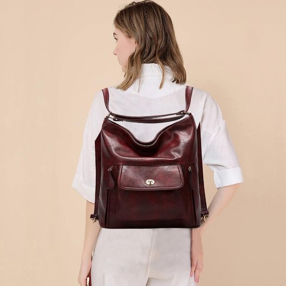 Water Resistant Vintage Convertible Backpack Purse in Burgundy - 35L Capacity - Picture 3 of 6